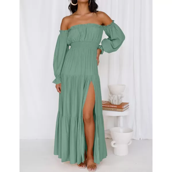 imageZESICA Womens 2023 Boho Sexy Off Shoulder Long Sleeve Smocked High Waist Side Split Flowy A Line Tiered Long Maxi DressGreen