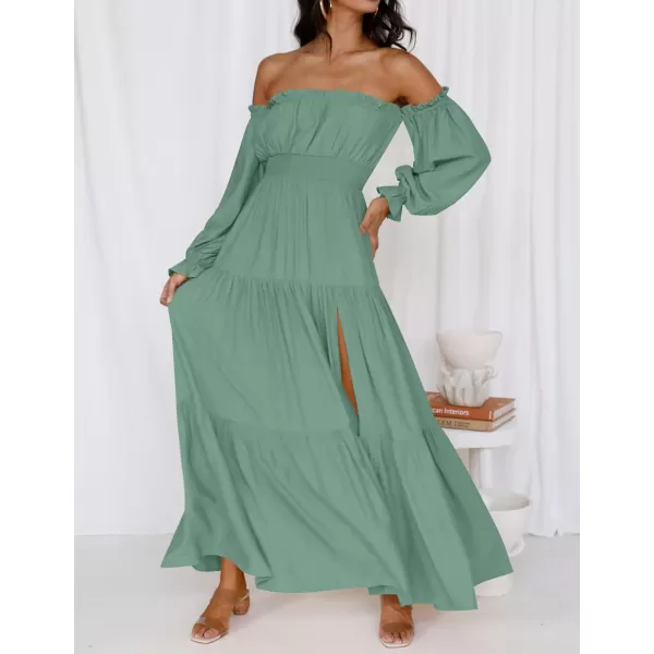 imageZESICA Womens 2023 Boho Sexy Off Shoulder Long Sleeve Smocked High Waist Side Split Flowy A Line Tiered Long Maxi DressGreen
