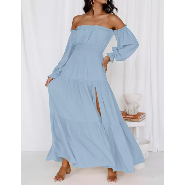 imageZESICA Womens 2023 Boho Sexy Off Shoulder Long Sleeve Smocked High Waist Side Split Flowy A Line Tiered Long Maxi DressLightblue