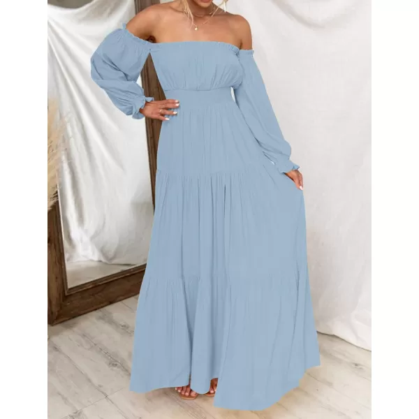 imageZESICA Womens 2023 Boho Sexy Off Shoulder Long Sleeve Smocked High Waist Side Split Flowy A Line Tiered Long Maxi DressLightblue