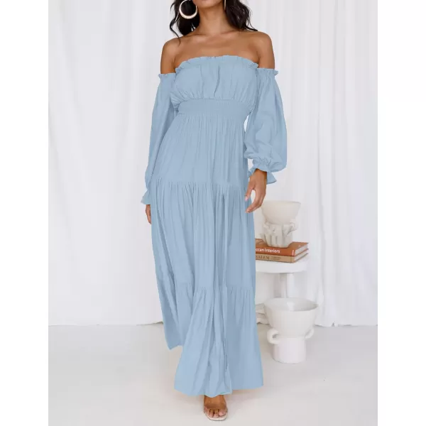 imageZESICA Womens 2023 Boho Sexy Off Shoulder Long Sleeve Smocked High Waist Side Split Flowy A Line Tiered Long Maxi DressLightblue