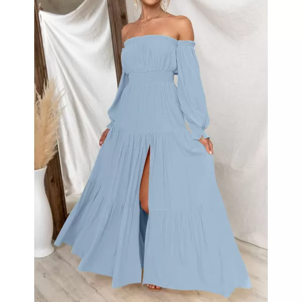 imageZESICA Womens 2023 Boho Sexy Off Shoulder Long Sleeve Smocked High Waist Side Split Flowy A Line Tiered Long Maxi DressLightblue