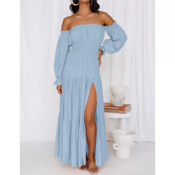 imageZESICA Womens 2023 Boho Sexy Off Shoulder Long Sleeve Smocked High Waist Side Split Flowy A Line Tiered Long Maxi DressLightblue