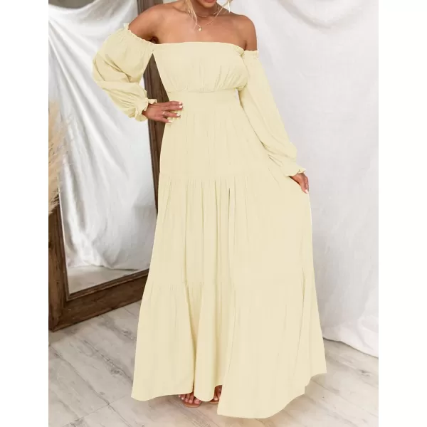 imageZESICA Womens 2023 Boho Sexy Off Shoulder Long Sleeve Smocked High Waist Side Split Flowy A Line Tiered Long Maxi DressLightyellow