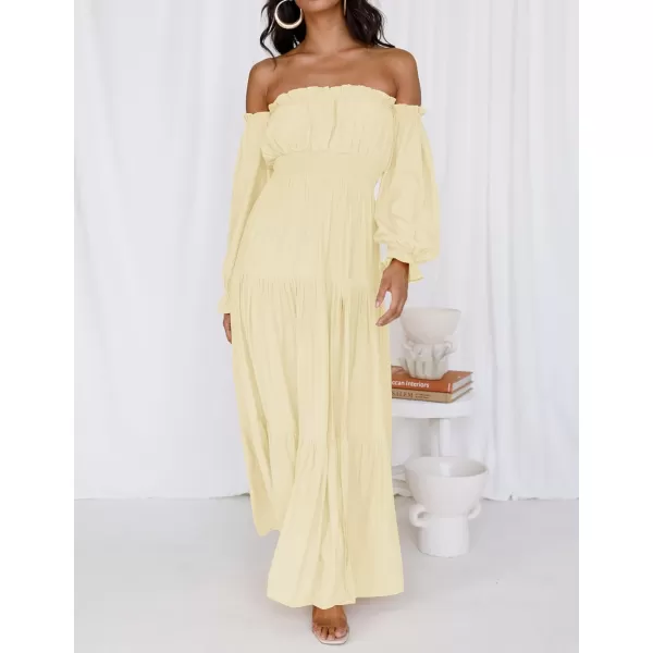 imageZESICA Womens 2023 Boho Sexy Off Shoulder Long Sleeve Smocked High Waist Side Split Flowy A Line Tiered Long Maxi DressLightyellow