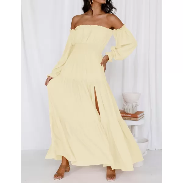 imageZESICA Womens 2023 Boho Sexy Off Shoulder Long Sleeve Smocked High Waist Side Split Flowy A Line Tiered Long Maxi DressLightyellow