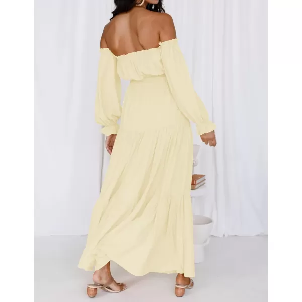 imageZESICA Womens 2023 Boho Sexy Off Shoulder Long Sleeve Smocked High Waist Side Split Flowy A Line Tiered Long Maxi DressLightyellow
