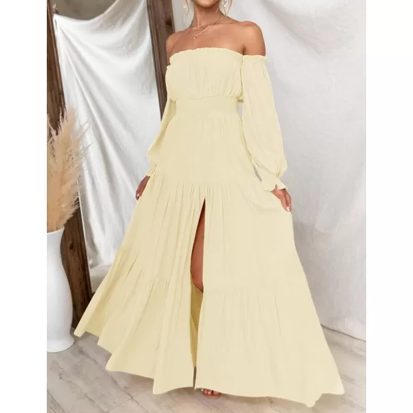 imageZESICA Womens 2023 Boho Sexy Off Shoulder Long Sleeve Smocked High Waist Side Split Flowy A Line Tiered Long Maxi DressLightyellow