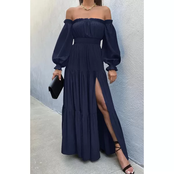 imageZESICA Womens 2023 Boho Sexy Off Shoulder Long Sleeve Smocked High Waist Side Split Flowy A Line Tiered Long Maxi DressNavy
