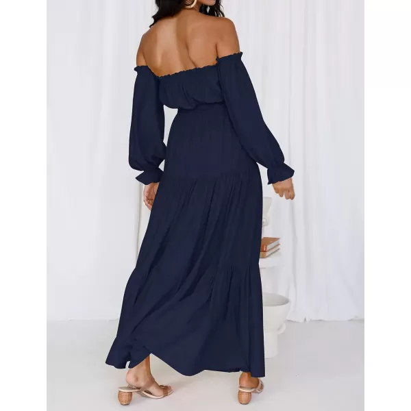 imageZESICA Womens 2023 Boho Sexy Off Shoulder Long Sleeve Smocked High Waist Side Split Flowy A Line Tiered Long Maxi DressNavy