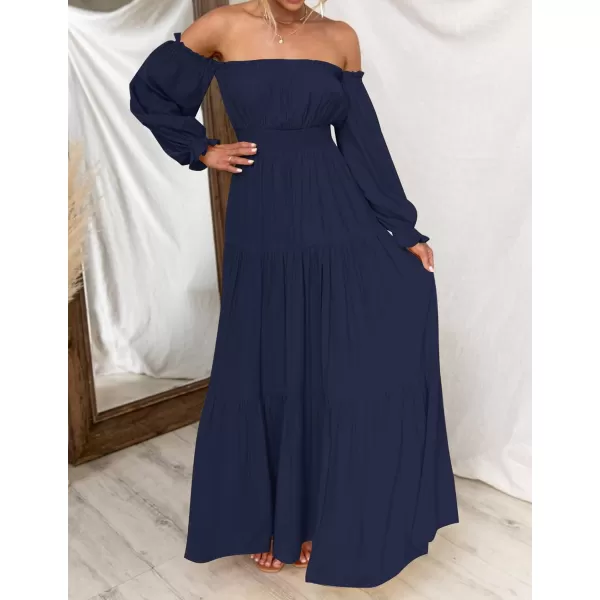 imageZESICA Womens 2023 Boho Sexy Off Shoulder Long Sleeve Smocked High Waist Side Split Flowy A Line Tiered Long Maxi DressNavy