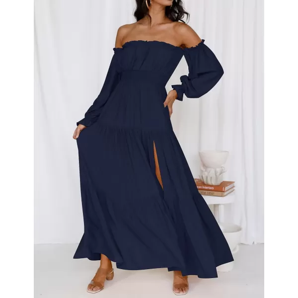 imageZESICA Womens 2023 Boho Sexy Off Shoulder Long Sleeve Smocked High Waist Side Split Flowy A Line Tiered Long Maxi DressNavy