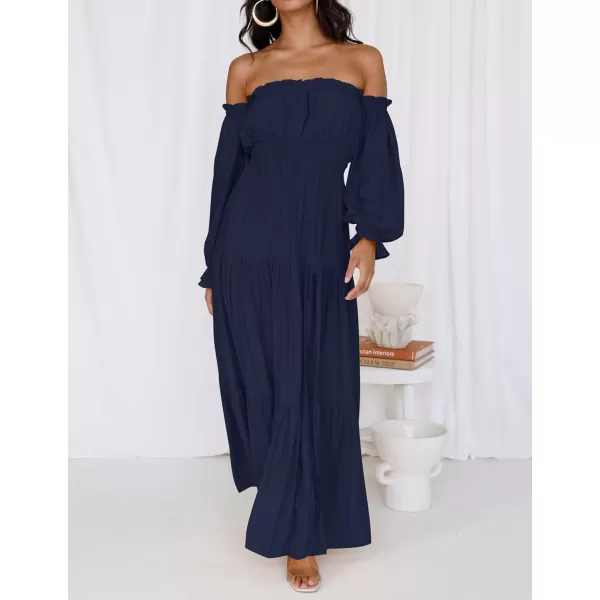 imageZESICA Womens 2023 Boho Sexy Off Shoulder Long Sleeve Smocked High Waist Side Split Flowy A Line Tiered Long Maxi DressNavy