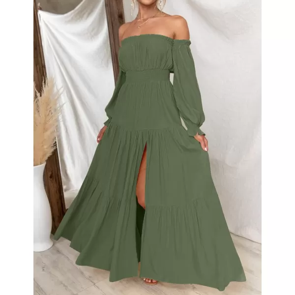 imageZESICA Womens 2023 Boho Sexy Off Shoulder Long Sleeve Smocked High Waist Side Split Flowy A Line Tiered Long Maxi DressOlive