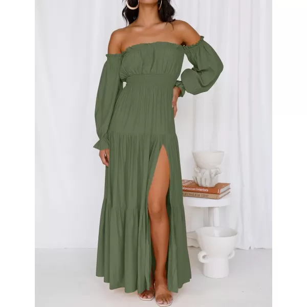 imageZESICA Womens 2023 Boho Sexy Off Shoulder Long Sleeve Smocked High Waist Side Split Flowy A Line Tiered Long Maxi DressOlive