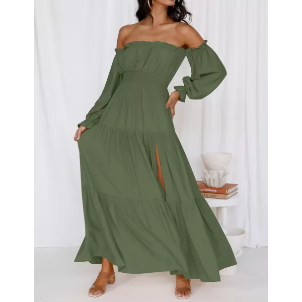 imageZESICA Womens 2023 Boho Sexy Off Shoulder Long Sleeve Smocked High Waist Side Split Flowy A Line Tiered Long Maxi DressOlive