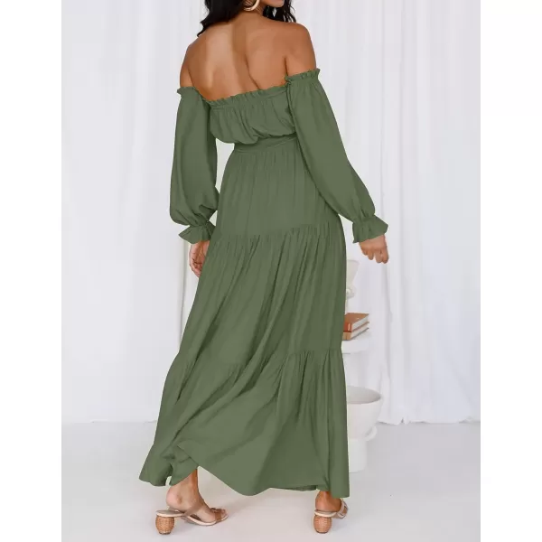 imageZESICA Womens 2023 Boho Sexy Off Shoulder Long Sleeve Smocked High Waist Side Split Flowy A Line Tiered Long Maxi DressOlive