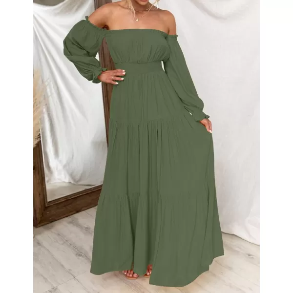 imageZESICA Womens 2023 Boho Sexy Off Shoulder Long Sleeve Smocked High Waist Side Split Flowy A Line Tiered Long Maxi DressOlive