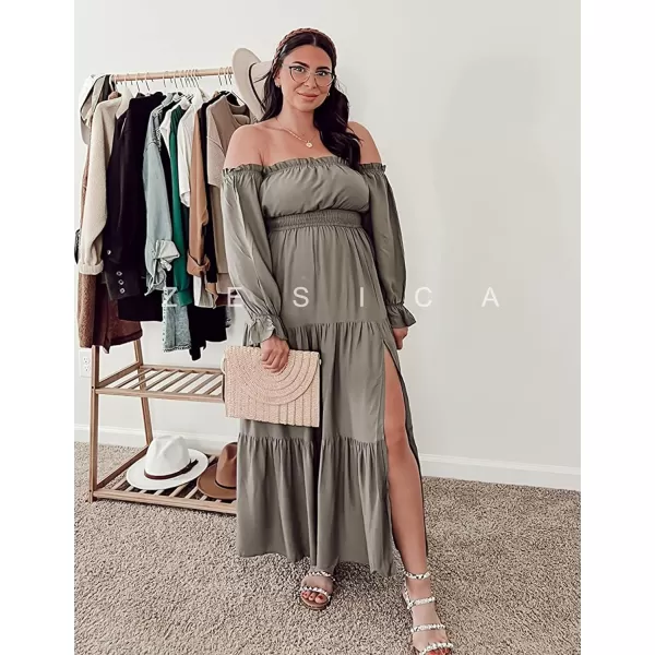 imageZESICA Womens 2023 Boho Sexy Off Shoulder Long Sleeve Smocked High Waist Side Split Flowy A Line Tiered Long Maxi DressOlive