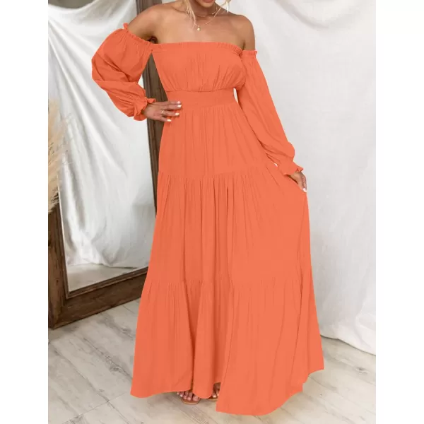 imageZESICA Womens 2023 Boho Sexy Off Shoulder Long Sleeve Smocked High Waist Side Split Flowy A Line Tiered Long Maxi DressOrange