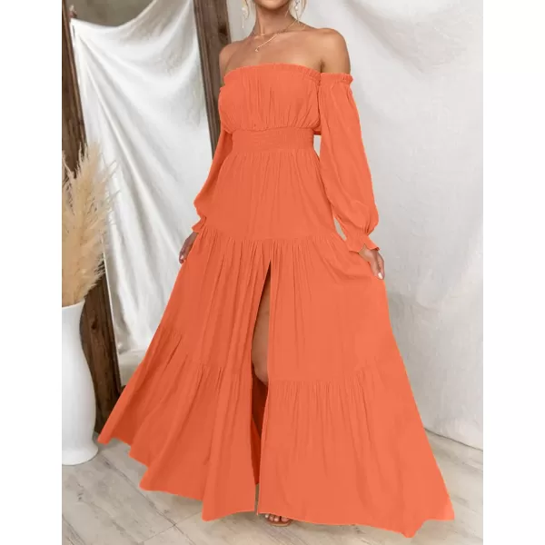 imageZESICA Womens 2023 Boho Sexy Off Shoulder Long Sleeve Smocked High Waist Side Split Flowy A Line Tiered Long Maxi DressOrange