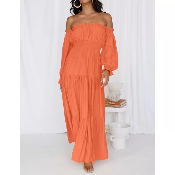 imageZESICA Womens 2023 Boho Sexy Off Shoulder Long Sleeve Smocked High Waist Side Split Flowy A Line Tiered Long Maxi DressOrange