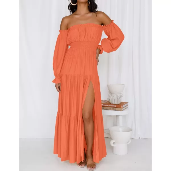 imageZESICA Womens 2023 Boho Sexy Off Shoulder Long Sleeve Smocked High Waist Side Split Flowy A Line Tiered Long Maxi DressOrange