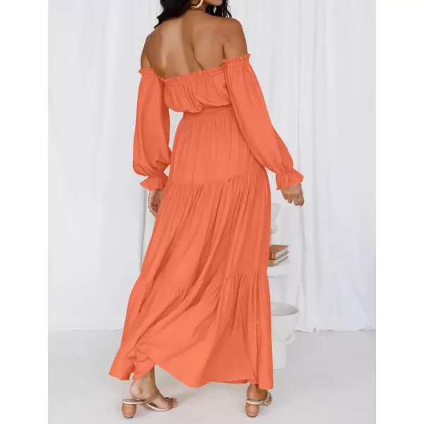 imageZESICA Womens 2023 Boho Sexy Off Shoulder Long Sleeve Smocked High Waist Side Split Flowy A Line Tiered Long Maxi DressOrange