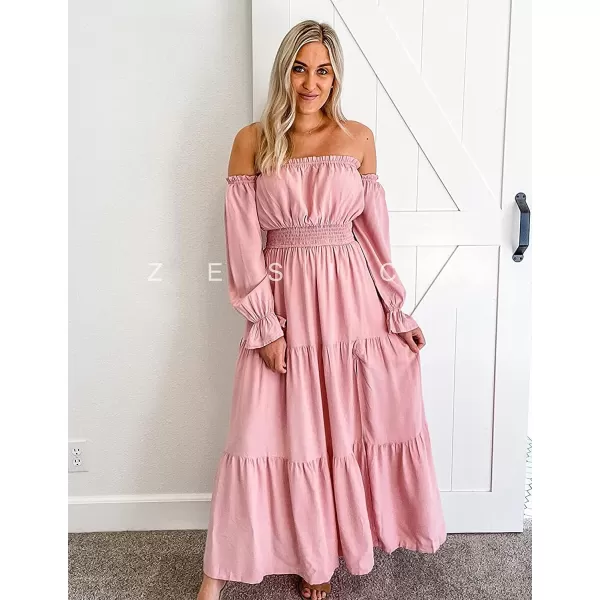 imageZESICA Womens 2023 Boho Sexy Off Shoulder Long Sleeve Smocked High Waist Side Split Flowy A Line Tiered Long Maxi DressPink