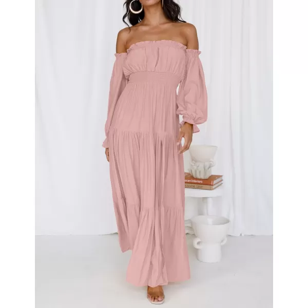 imageZESICA Womens 2023 Boho Sexy Off Shoulder Long Sleeve Smocked High Waist Side Split Flowy A Line Tiered Long Maxi DressPink