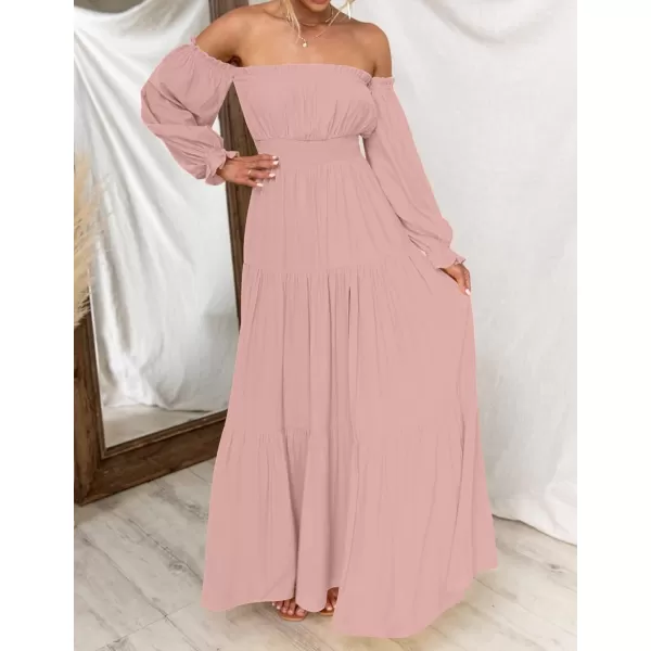 imageZESICA Womens 2023 Boho Sexy Off Shoulder Long Sleeve Smocked High Waist Side Split Flowy A Line Tiered Long Maxi DressPink
