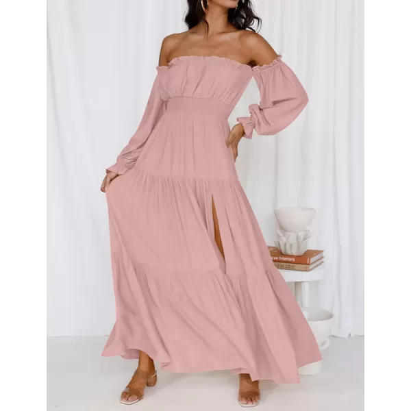 imageZESICA Womens 2023 Boho Sexy Off Shoulder Long Sleeve Smocked High Waist Side Split Flowy A Line Tiered Long Maxi DressPink