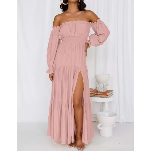 imageZESICA Womens 2023 Boho Sexy Off Shoulder Long Sleeve Smocked High Waist Side Split Flowy A Line Tiered Long Maxi DressPink
