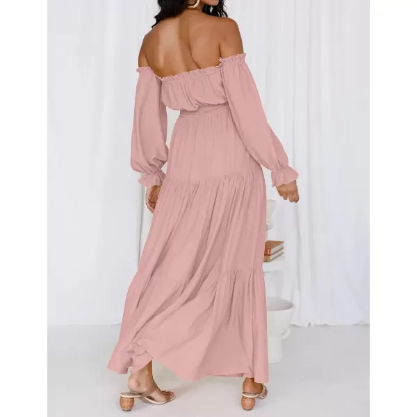imageZESICA Womens 2023 Boho Sexy Off Shoulder Long Sleeve Smocked High Waist Side Split Flowy A Line Tiered Long Maxi DressPink