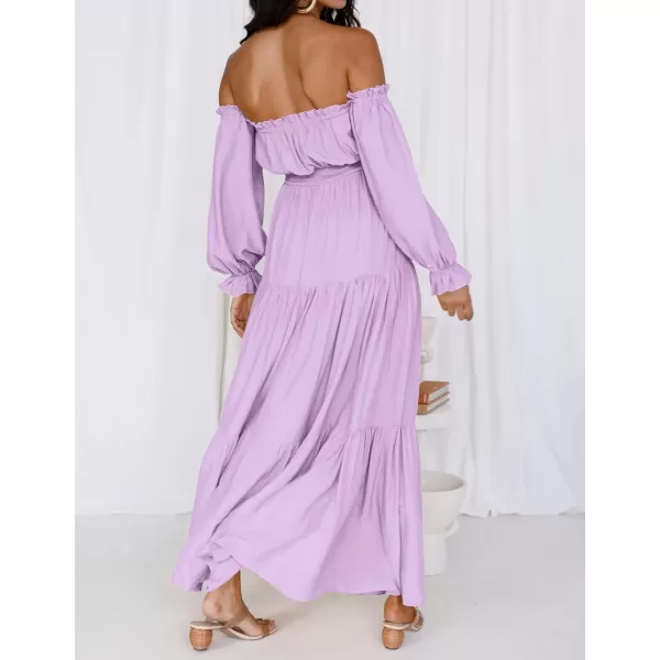 imageZESICA Womens 2023 Boho Sexy Off Shoulder Long Sleeve Smocked High Waist Side Split Flowy A Line Tiered Long Maxi DressPurple