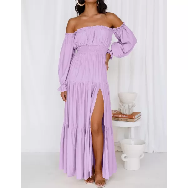 imageZESICA Womens 2023 Boho Sexy Off Shoulder Long Sleeve Smocked High Waist Side Split Flowy A Line Tiered Long Maxi DressPurple