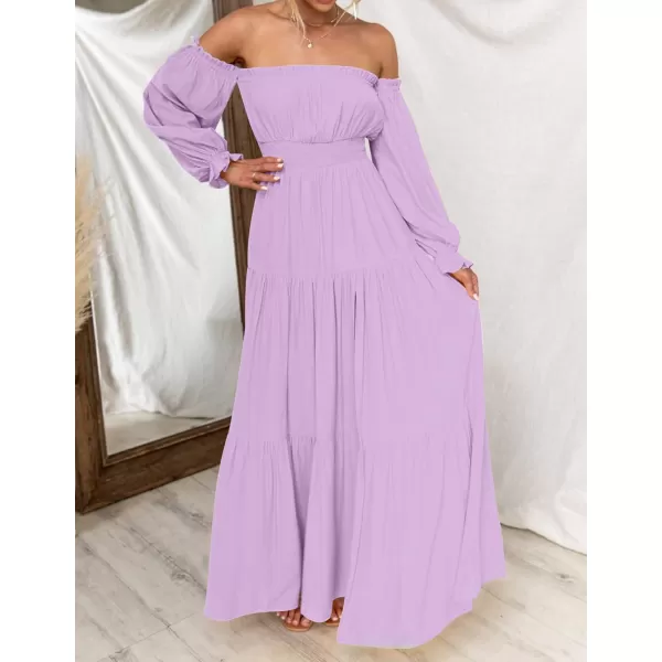 imageZESICA Womens 2023 Boho Sexy Off Shoulder Long Sleeve Smocked High Waist Side Split Flowy A Line Tiered Long Maxi DressPurple