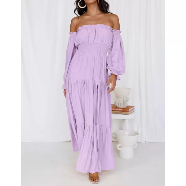 imageZESICA Womens 2023 Boho Sexy Off Shoulder Long Sleeve Smocked High Waist Side Split Flowy A Line Tiered Long Maxi DressPurple