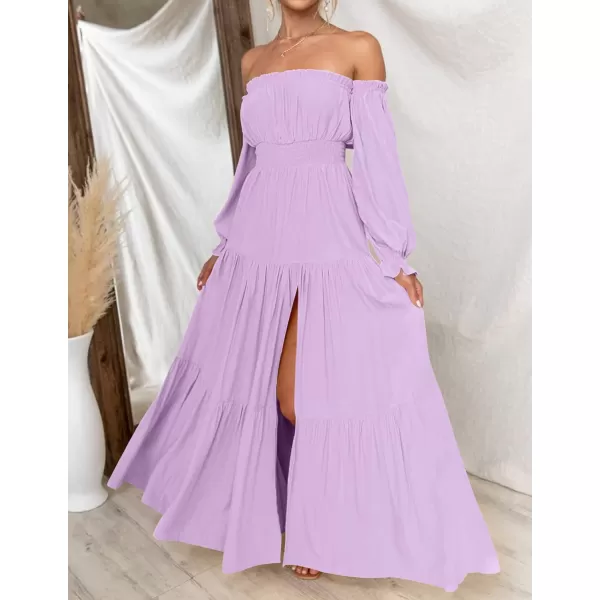 imageZESICA Womens 2023 Boho Sexy Off Shoulder Long Sleeve Smocked High Waist Side Split Flowy A Line Tiered Long Maxi DressPurple
