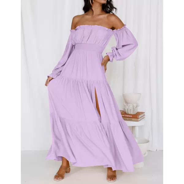 imageZESICA Womens 2023 Boho Sexy Off Shoulder Long Sleeve Smocked High Waist Side Split Flowy A Line Tiered Long Maxi DressPurple
