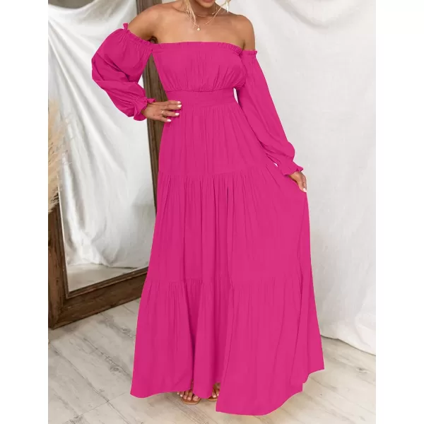imageZESICA Womens 2023 Boho Sexy Off Shoulder Long Sleeve Smocked High Waist Side Split Flowy A Line Tiered Long Maxi DressRose