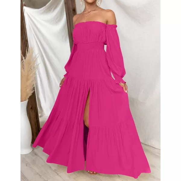 imageZESICA Womens 2023 Boho Sexy Off Shoulder Long Sleeve Smocked High Waist Side Split Flowy A Line Tiered Long Maxi DressRose