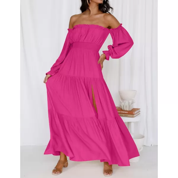 imageZESICA Womens 2023 Boho Sexy Off Shoulder Long Sleeve Smocked High Waist Side Split Flowy A Line Tiered Long Maxi DressRose