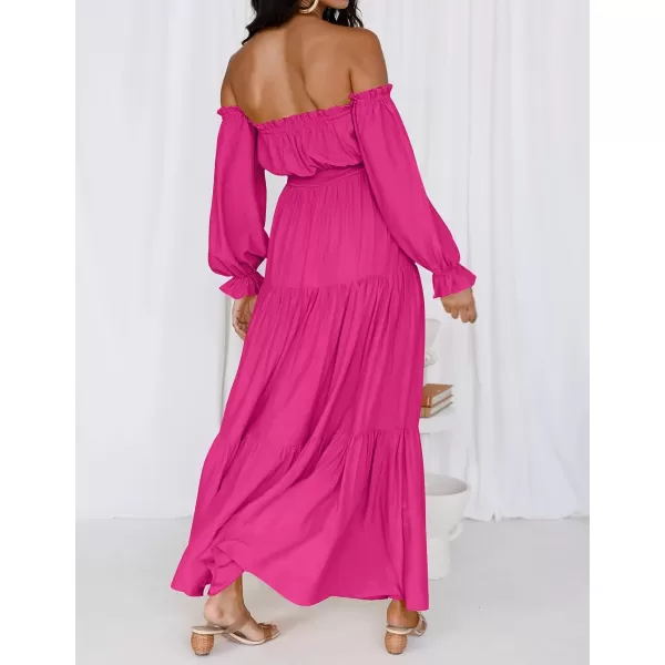 imageZESICA Womens 2023 Boho Sexy Off Shoulder Long Sleeve Smocked High Waist Side Split Flowy A Line Tiered Long Maxi DressRose