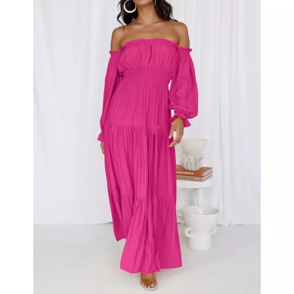 imageZESICA Womens 2023 Boho Sexy Off Shoulder Long Sleeve Smocked High Waist Side Split Flowy A Line Tiered Long Maxi DressRose