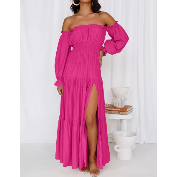imageZESICA Womens 2023 Boho Sexy Off Shoulder Long Sleeve Smocked High Waist Side Split Flowy A Line Tiered Long Maxi DressRose