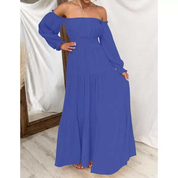 imageZESICA Womens 2023 Boho Sexy Off Shoulder Long Sleeve Smocked High Waist Side Split Flowy A Line Tiered Long Maxi DressRoyalblue