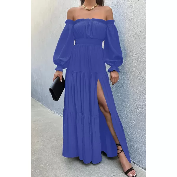 imageZESICA Womens 2023 Boho Sexy Off Shoulder Long Sleeve Smocked High Waist Side Split Flowy A Line Tiered Long Maxi DressRoyalblue
