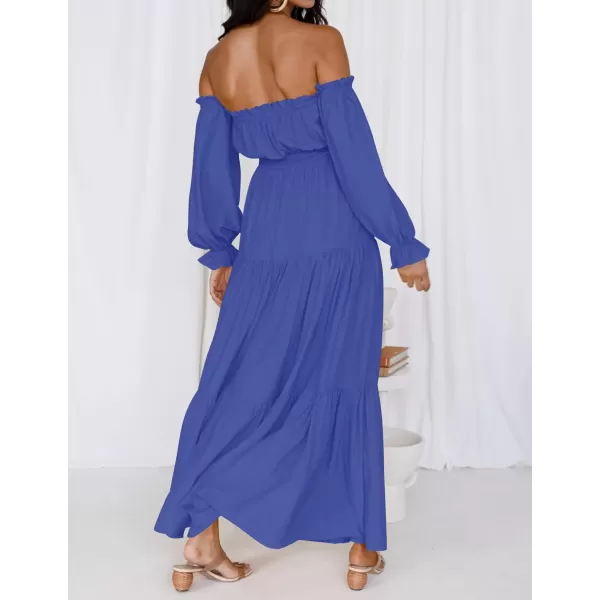 imageZESICA Womens 2023 Boho Sexy Off Shoulder Long Sleeve Smocked High Waist Side Split Flowy A Line Tiered Long Maxi DressRoyalblue