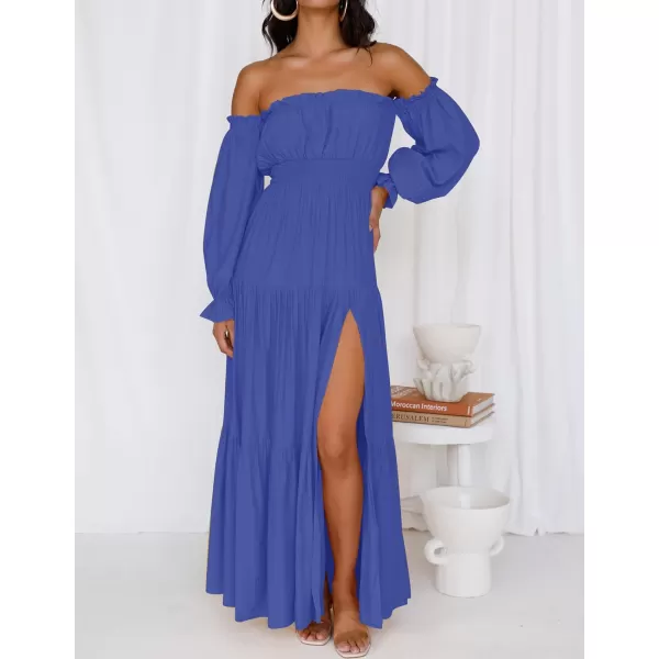 imageZESICA Womens 2023 Boho Sexy Off Shoulder Long Sleeve Smocked High Waist Side Split Flowy A Line Tiered Long Maxi DressRoyalblue